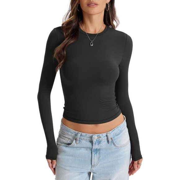 Tops - Women's Double Lined Long Sleeve Crop Top Fitted Crew Neck T Shirt